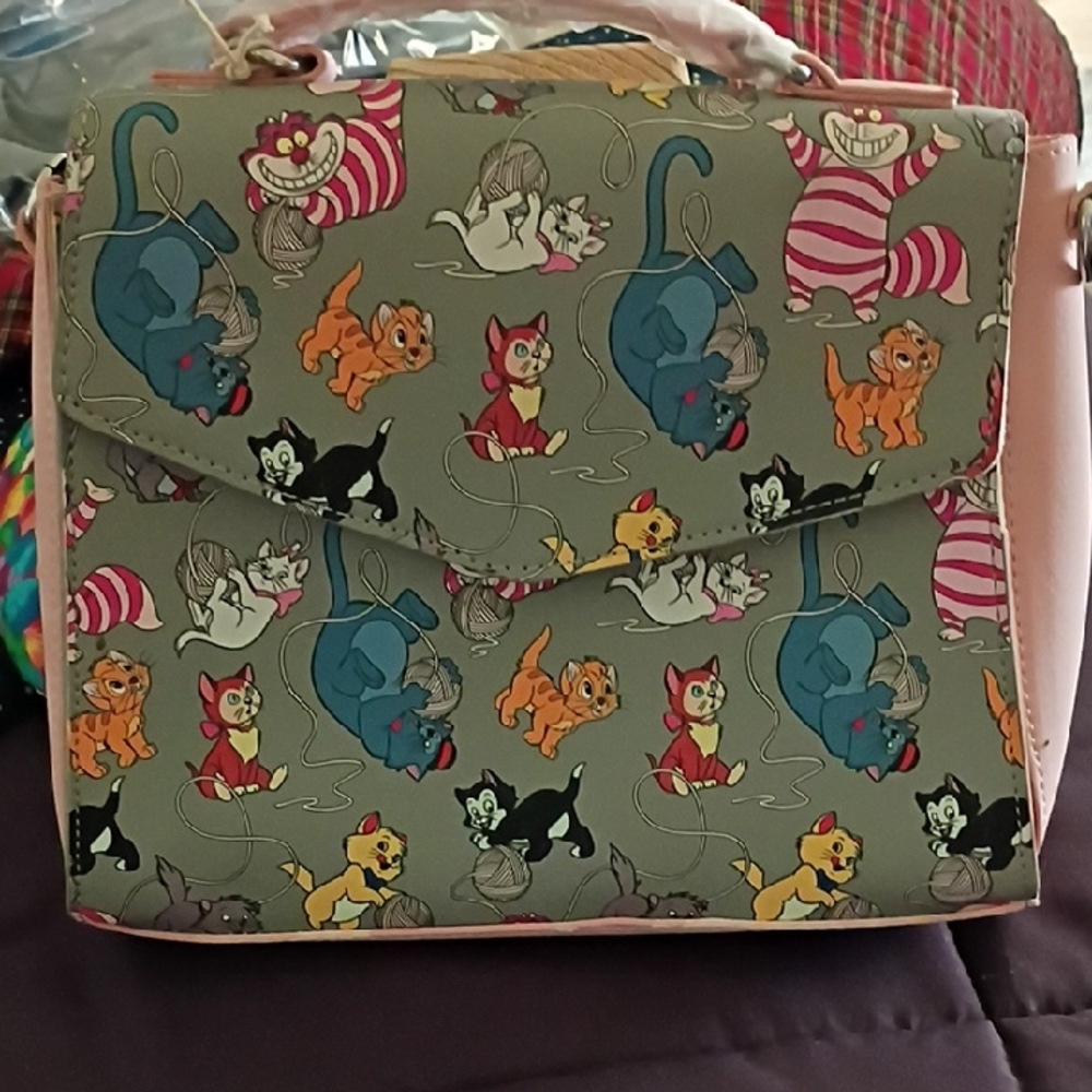 Loungefly Gray Crossbody Bag with Multicolor Kitten Print and Pink Trim